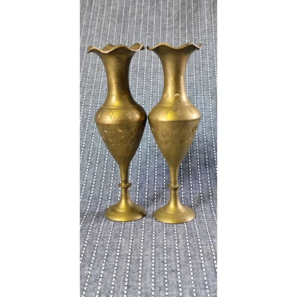 Two Vintage Brass Vases with etched floral and foliage patterns
